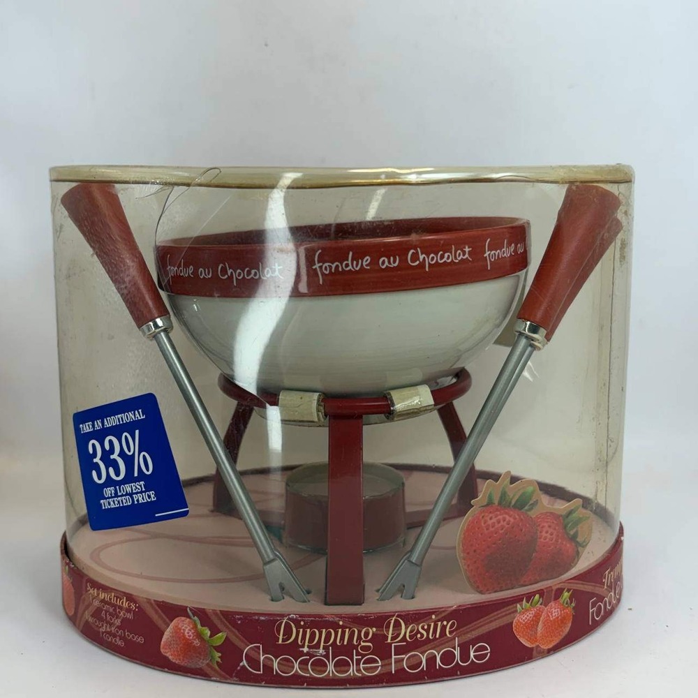 Joie MSC Dipping Desire Chocolate Fondue Set Ceramic Bowl 4 Forks Red White